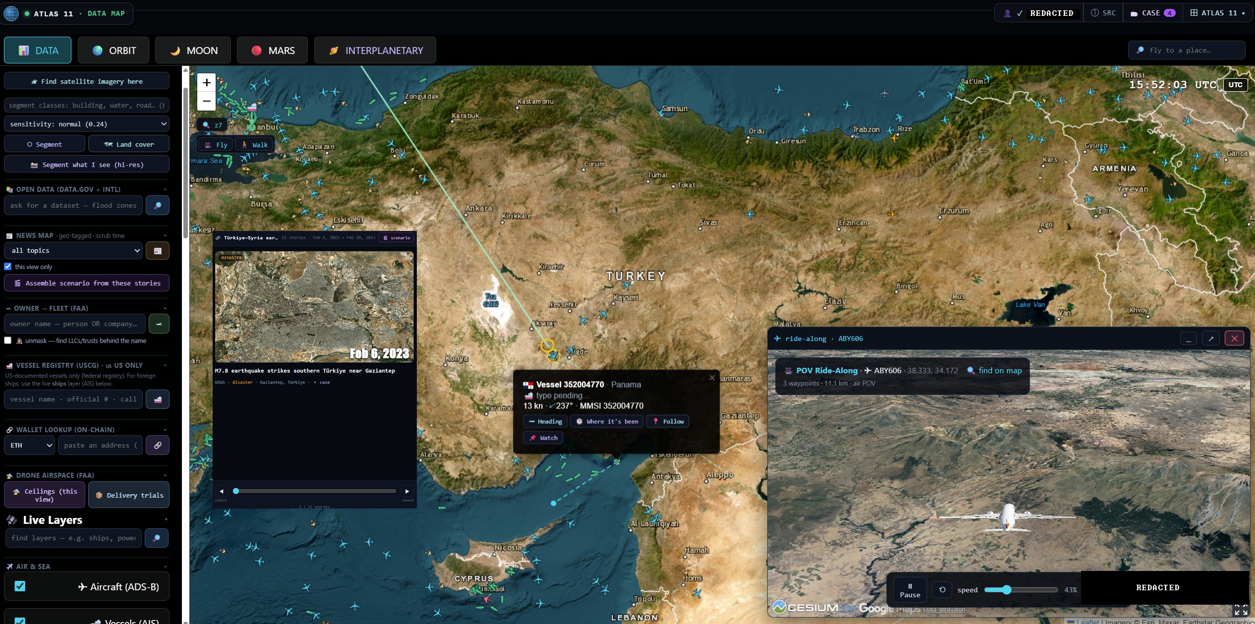 Atlas 11 data map: a live, multi-layer map of a region (here Turkey) with news, vessels, aircraft and satellite imagery on one surface