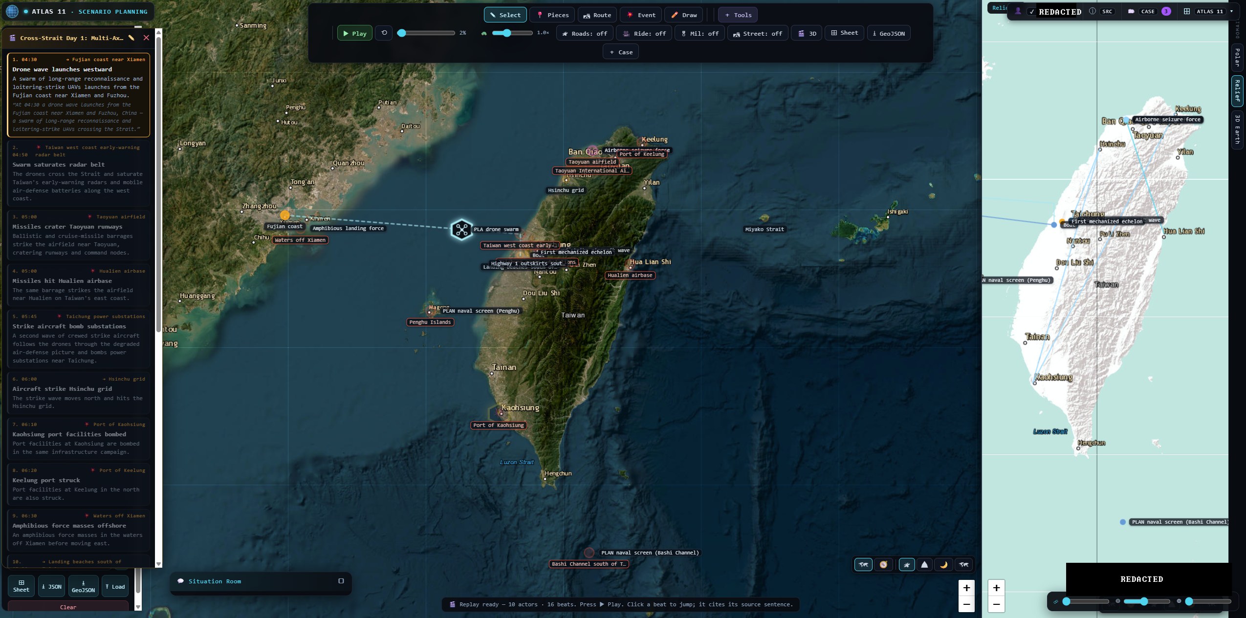 Atlas 11 scenario: a cross-strait Taiwan day, split-screen with a 3D relief view