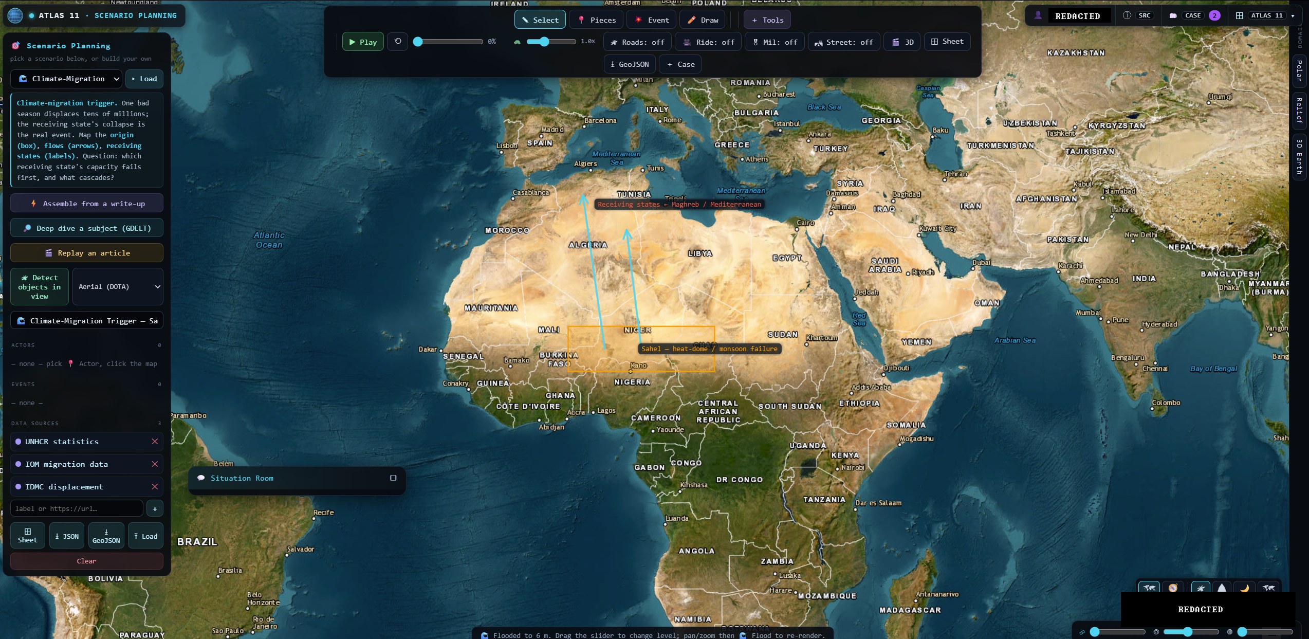Atlas 11 scenario planner: pick a scenario or assemble one from a write-up, actors and flows drawn on a live map